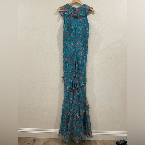 SALONI Rita Ruffle V-Neck Maxi Dress Blue Floral 100% Silk Size 4 - Picture 8 of 10